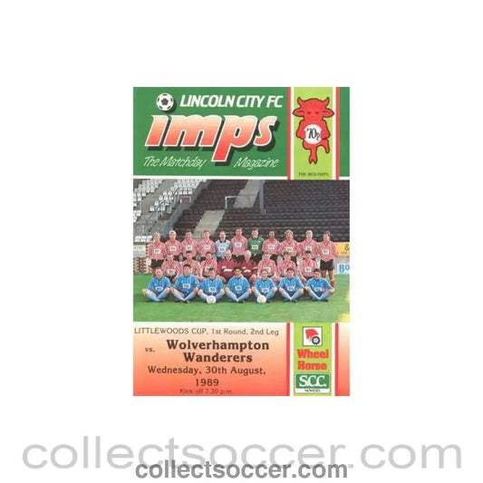 1989 - Lincoln City v Wolverhampton Wanderers official programme 30/08/1989 Littlewooda Cup - Collect Soccer