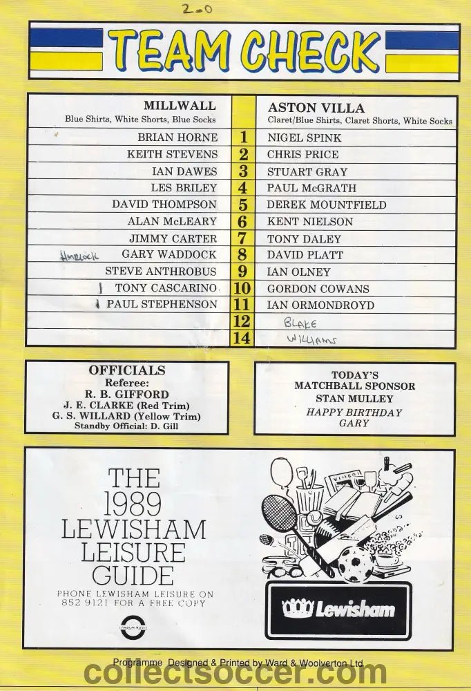 1989 Millwall v Aston Villa Official Programme - Collect Soccer