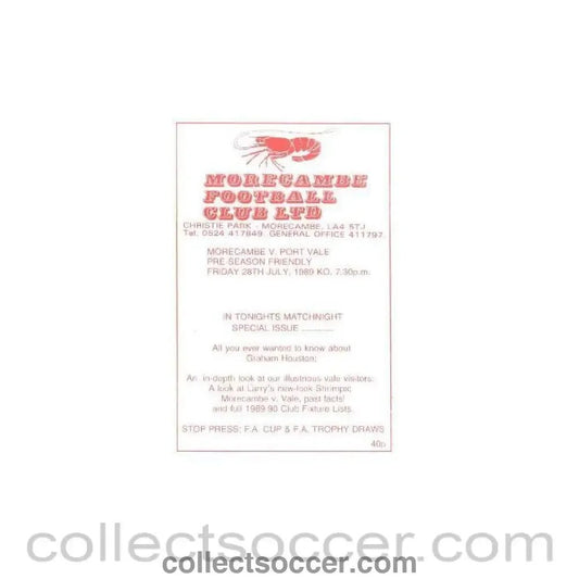 1989 - Morecambe v Port Vale official programme 28/07/1989 Pre - Season Friendly - Collect Soccer