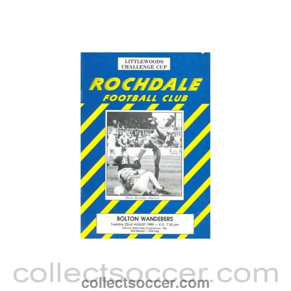 1989 - Rochdale v Bolton Wanderers official programme 22/08/1989 Littlewoods Cup - Collect Soccer
