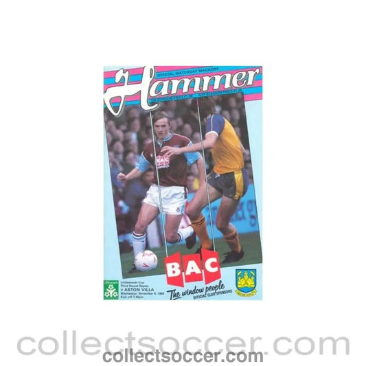 1989 - West Ham United v Aston Villa official programme 08/11/1989 Littlewoods Cup - Collect Soccer