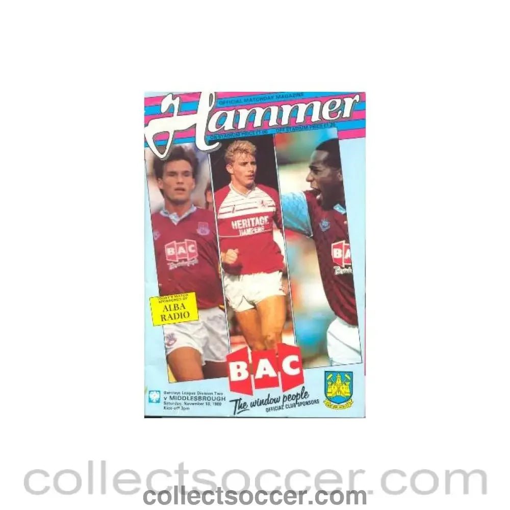 1989 - West Ham United v Middlesbrough official programme 18/11/1989 League - Collect Soccer