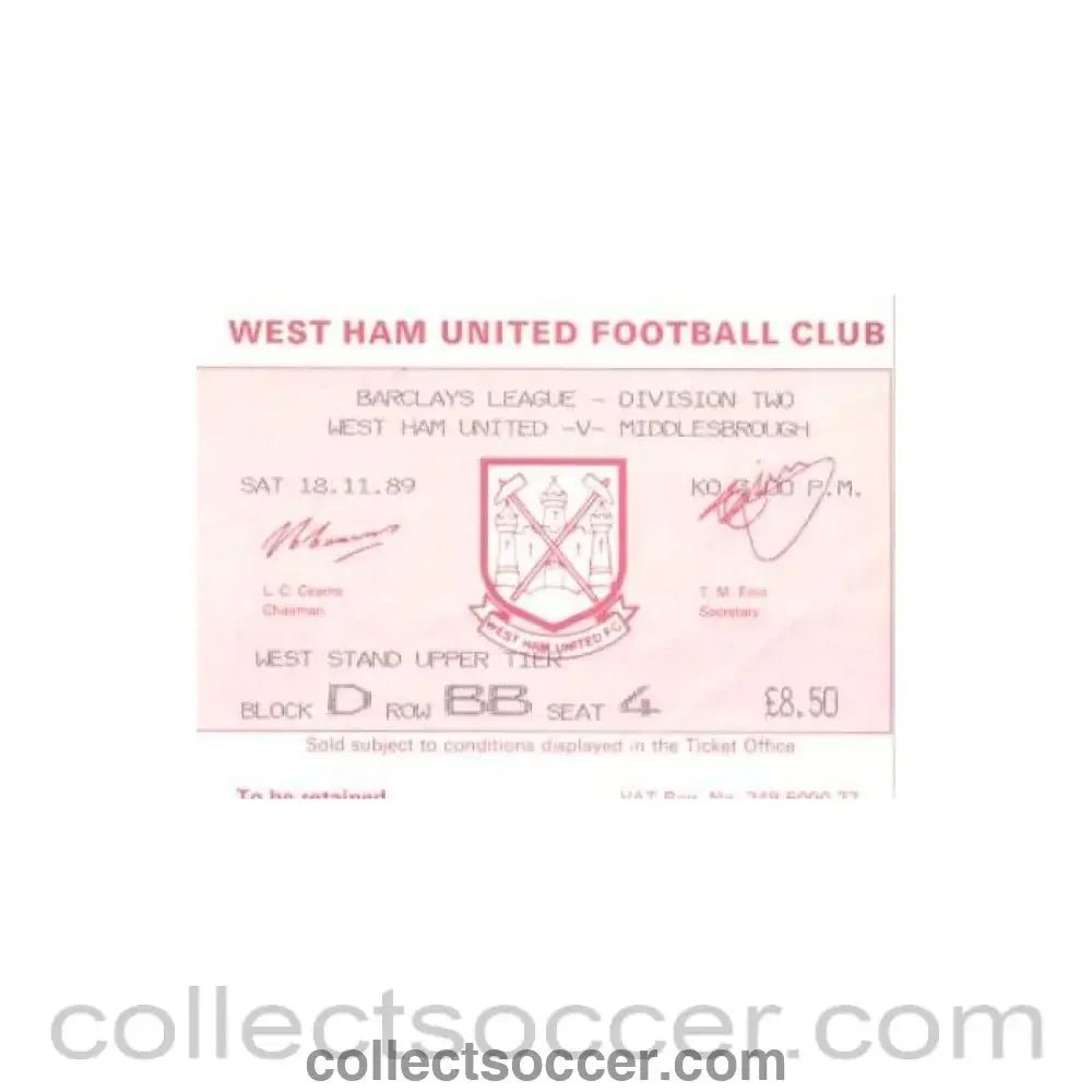 1989 - West Ham United v Middlesbrough ticket 18/11/1989 - Collect Soccer