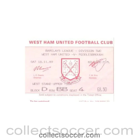 1989 - West Ham United v Middlesbrough ticket 18/11/1989