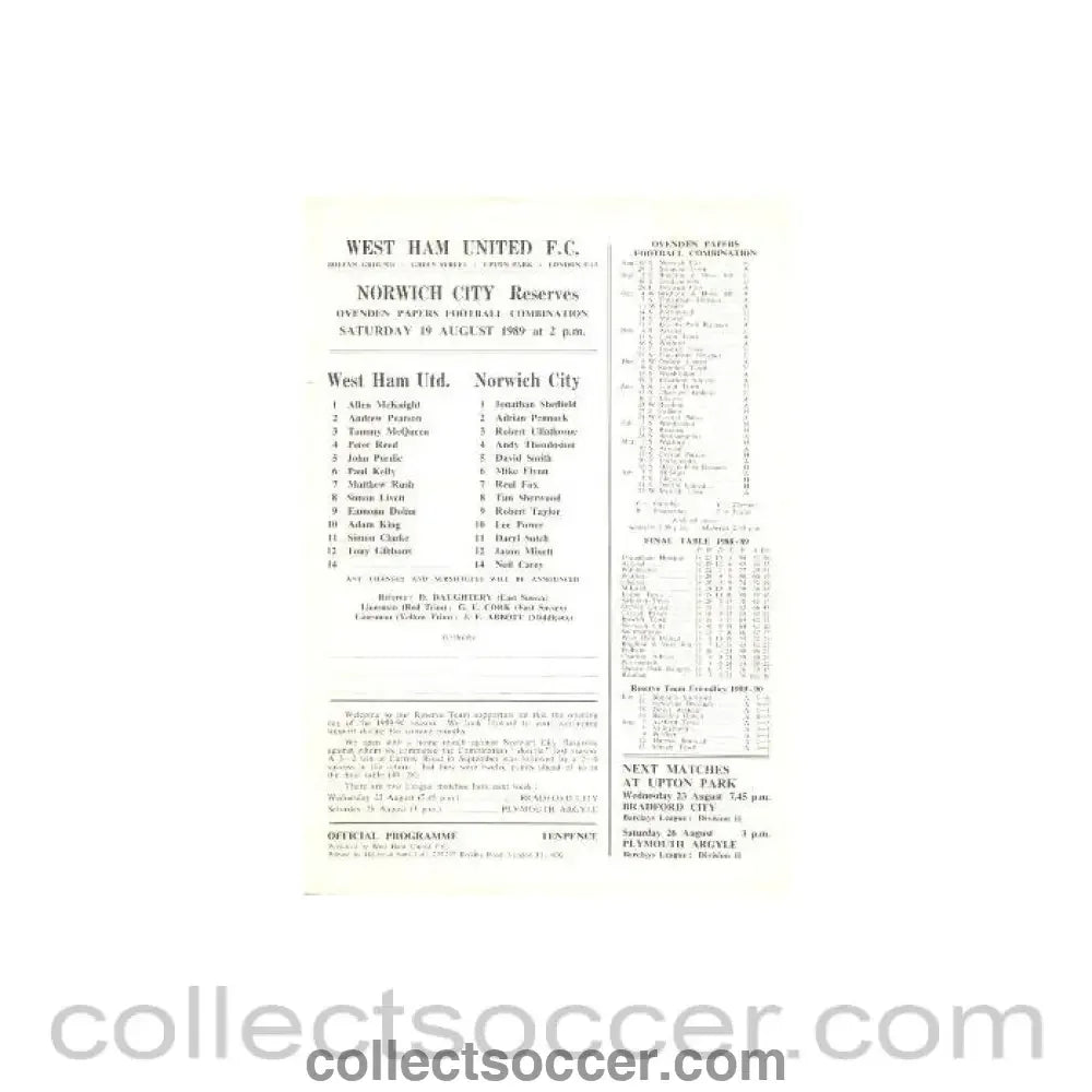 1989 - West Ham United v Norwich City Reserves official programme 19/08/1989 Ovenden Papers Football Combination - Collect Soccer