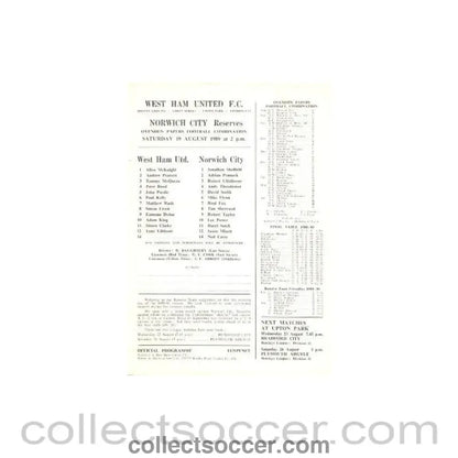 1989 - West Ham United v Norwich City Reserves official programme 19/08/1989 Ovenden Papers Football Combination - Collect Soccer