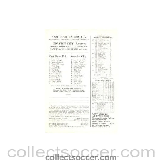 1989 - West Ham United v Norwich City Reserves official programme 19/08/1989 Ovenden Papers Football Combination - Collect Soccer