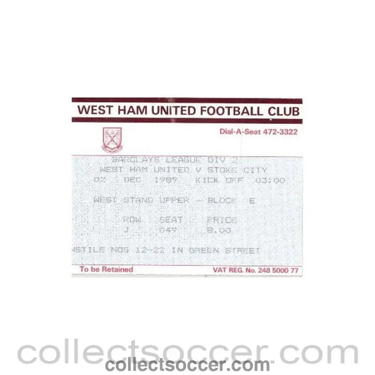 1989 - West Ham United v Stoke City ticket 02/12/1989 Football League - Collect Soccer