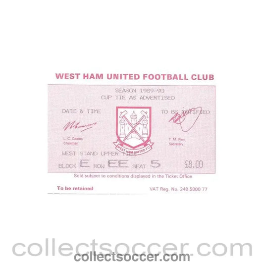 1989 - West Ham United v Wimbledon ticket 22/11/1989 Littlewoods Cup