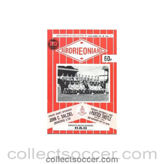 1990 - Airdrieonians v Partick Thistle official programme 02/10/1990 B & Q Centenary League Cup - Collect Soccer
