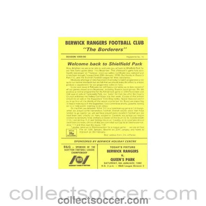 1990 - Berwick Rangers v Queen's Park official programme 06/01/1990 Scottish League - Collect Soccer