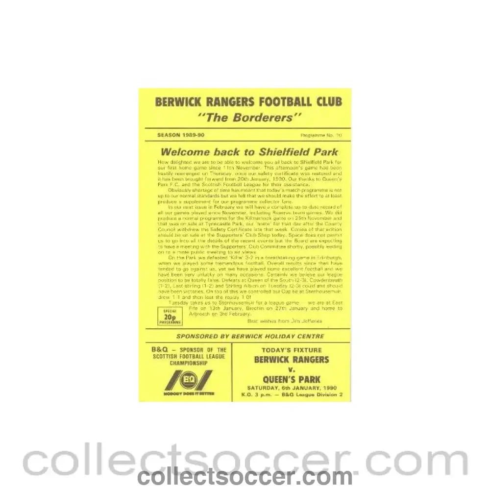 1990 - Berwick Rangers v Queen's Park official programme 06/01/1990 Scottish League - Collect Soccer