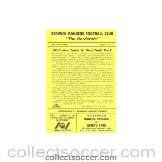1990 - Berwick Rangers v Queen's Park official programme 06/01/1990 Scottish League - Collect Soccer