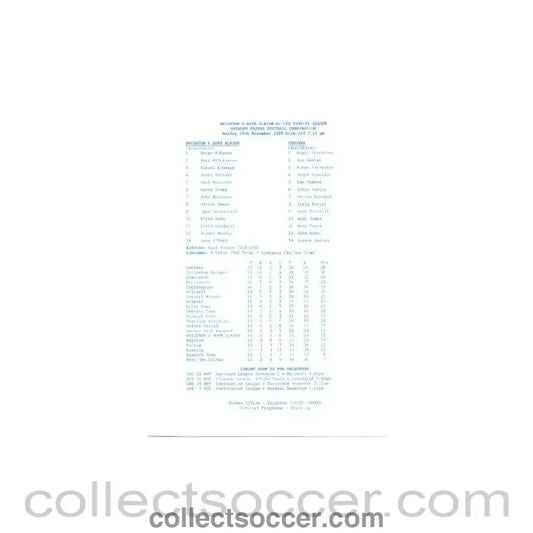 1990 - Brighton & Hove Albion v Chelsea official teamsheet 19/11/1990
