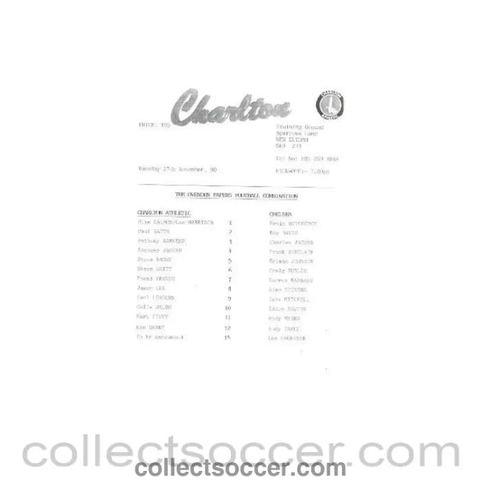 1990 - Charlton Athletic vChelsea official programme 27/11/1990
