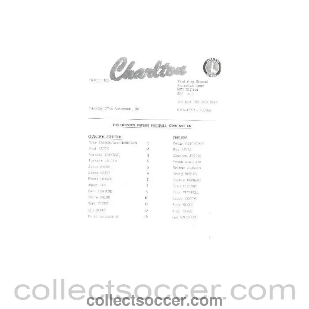 1990 - Charlton Athletic vChelsea official programme 27/11/1990