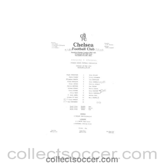 1990 - Chelsea v Arsenal Reserves official teamsheet 01/05/1990 Football Combination - Collect Soccer