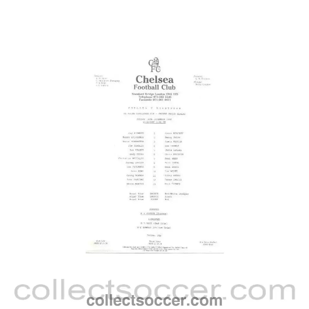 1990 - Chelsea v Brentford official teamsheet 14/12/1990 F.A. Youth Challenge Cup - Collect Soccer