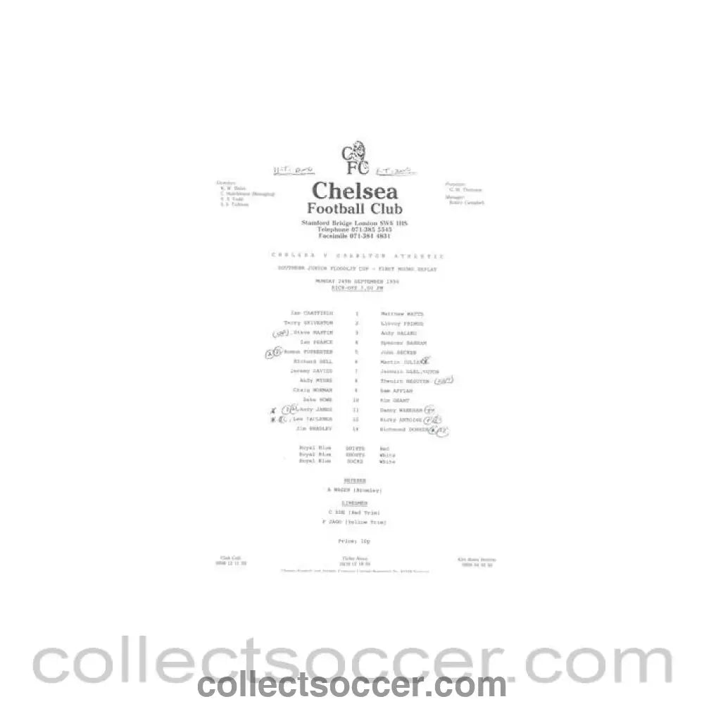 1990 - Chelsea v Charlton Athletic Reserves official teamsheet 24/09/1990 Football Combination - Collect Soccer