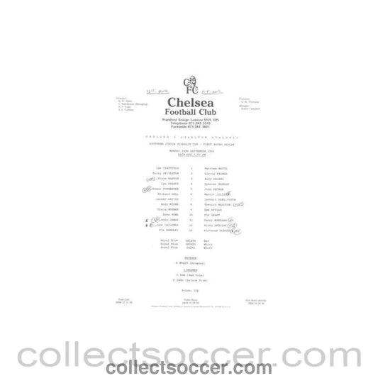 1990 - Chelsea v Charlton Athletic Reserves official teamsheet 24/09/1990 Football Combination - Collect Soccer