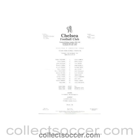 1990 - Chelsea v Swindon Town official teamsheet 13/11/1990 - Collect Soccer