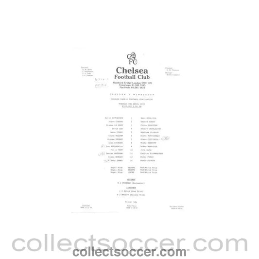 1990 - Chelsea v Wimbledon Reserves official teamsheet 03/04/1990 Football Combination - Collect Soccer