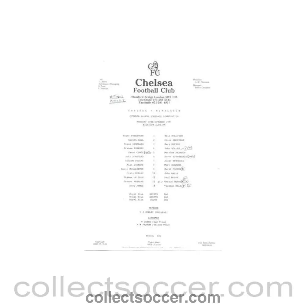 1990 - Chelsea v Wimbledon Reserves official teamsheet 16/10/1990 Football Combination - Collect Soccer