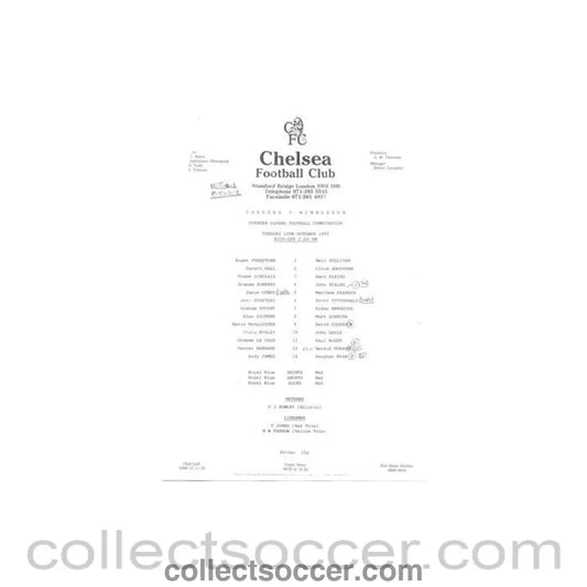 1990 - Chelsea v Wimbledon Reserves official teamsheet 16/10/1990 Football Combination - Collect Soccer