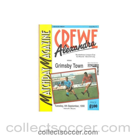 1990 - Crewe Alexandra v Grimsby Town official programme 04/09/1990 Rumbelows League Cup - Collect Soccer