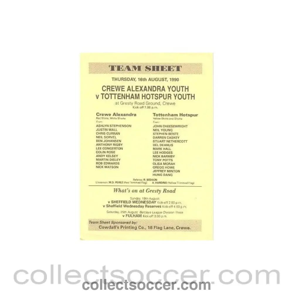 1990 - Crewe Alexandra v Tottenham Hotspur official programme 16/08/1990 - Collect Soccer