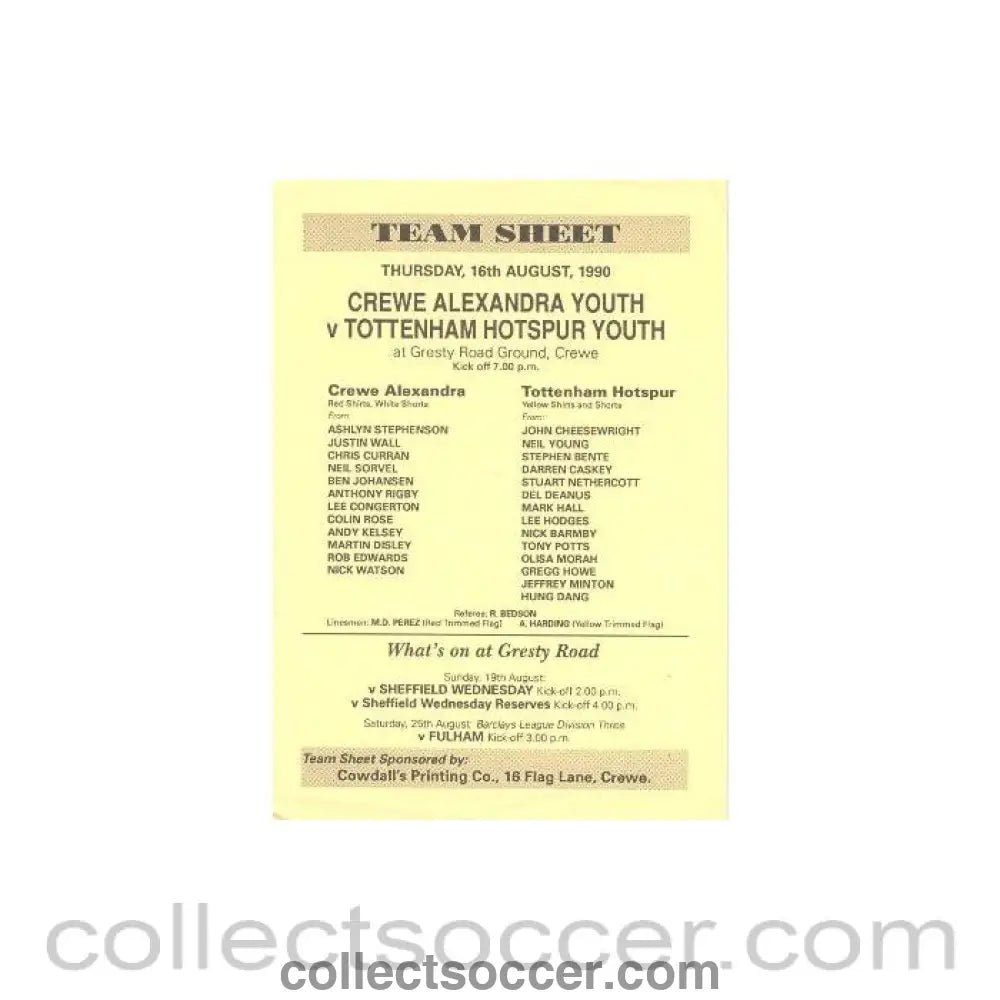 1990 - Crewe Alexandra v Tottenham Hotspur official programme 16/08/1990 - Collect Soccer