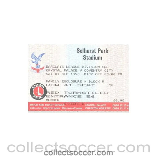 1990 - Crystal Palace v Coventry City ticket 01/12/1990 Football League - Collect Soccer