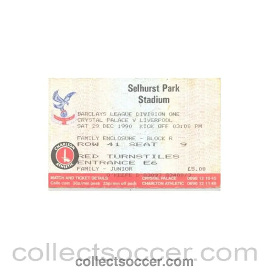 1990 - Crystal Palace v Liverpool ticket 29/12/1990