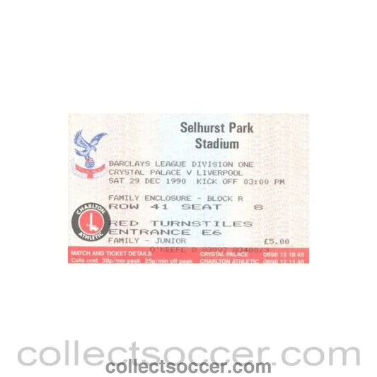 1990 - Crystal Palace v Liverpool ticket 29/12/1990