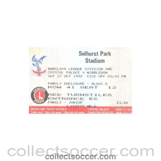 1990 - Crystal Palace v Wimbledon ticket 27/10/1990