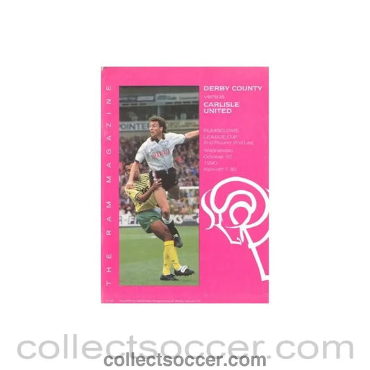 1990 - Derby County v Carlisle United official programme 10/10/1990 Rumbelows League Cup - Collect Soccer