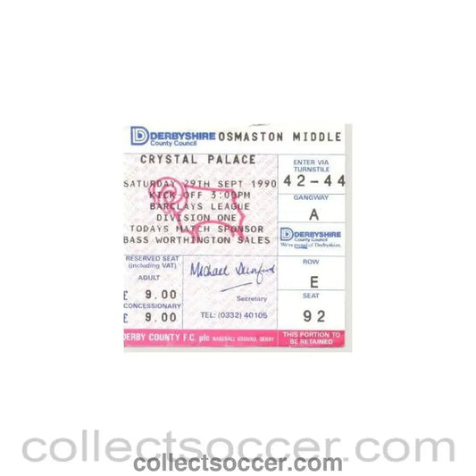 1990 - Derby County v Crystal Palace ticket 29/09/1990 - Collect Soccer