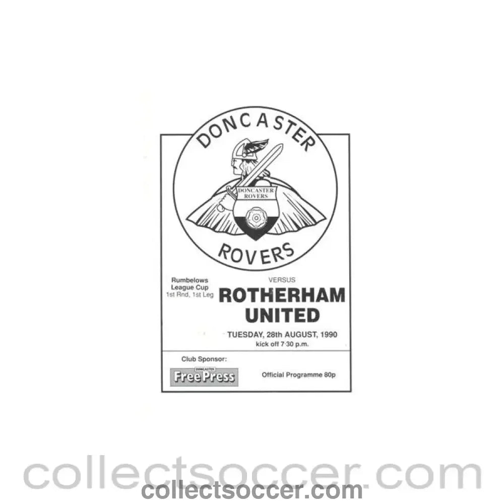 1990 - Doncaster Rovers v Rotherham United official programme 28/08/1990 Rumbelows League Cup - Collect Soccer