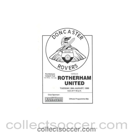 1990 - Doncaster Rovers v Rotherham United official programme 28/08/1990 Rumbelows League Cup - Collect Soccer