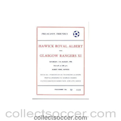 1990 - Hawick Royal Albert v Glasgow Rangers official programmes 11/08/1990 Pre - Season Friendly - Collect Soccer