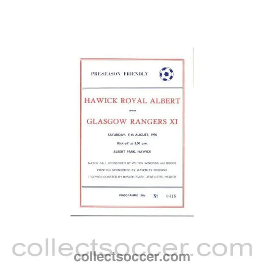 1990 - Hawick Royal Albert v Glasgow Rangers official programmes 11/08/1990 Pre - Season Friendly - Collect Soccer