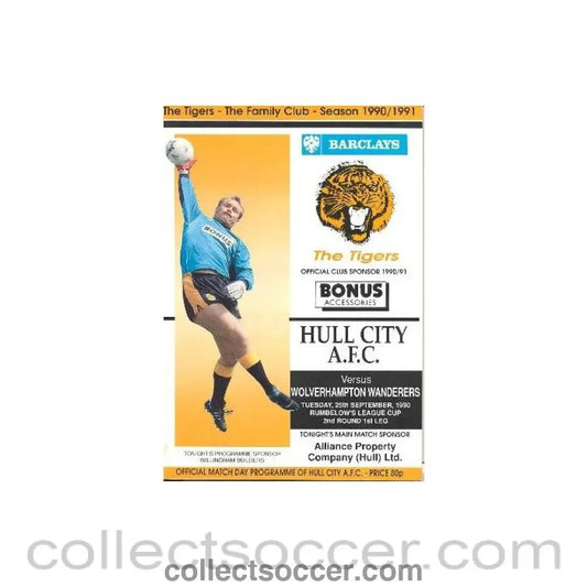 1990 - Hull City v Wolverhampton Wanderers official programme 25/09/1990 Rumbelows League Cup - Collect Soccer
