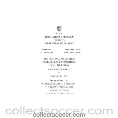1990 League Cup Final Replay Royal Box Programme of Arrangements Manchester United v Crystal Palace 17/05/1990 at Wembley, Very Rare! - Collect Soccer
