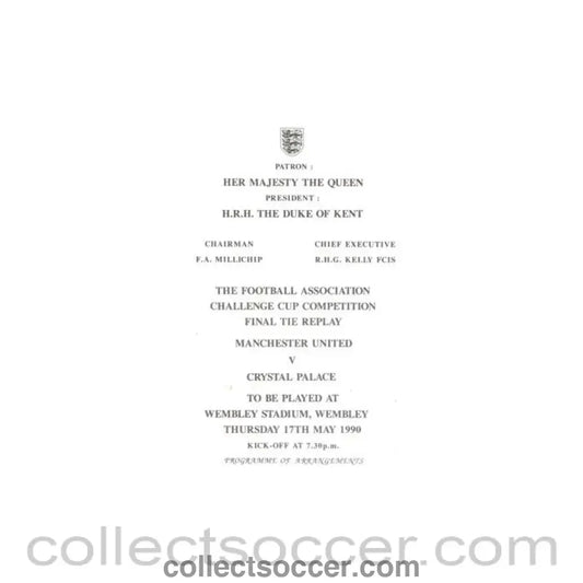 1990 League Cup Final Replay Royal Box Programme of Arrangements Manchester United v Crystal Palace 17/05/1990 at
