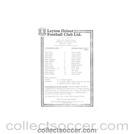 1990 - Leyton Orient v Wokingham Town official teamsheet 21/02/1990 Wendy Fair Capital League