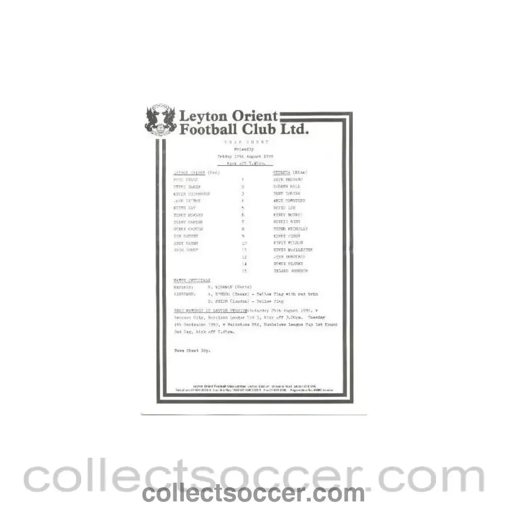 1990 - Leyton Orient vChelsea official programme 17/08/1990 - Collect Soccer