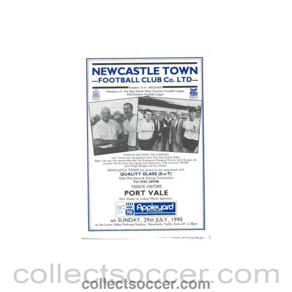 1990 - Newcastle Town v Port Vale official programme 29/07/1990 Pre - Season Friendly - Collect Soccer