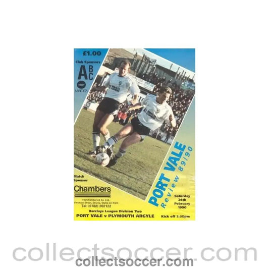 1990 - Port Vale v Plymouth Argyle official programme 24/02/1990 League, reduced price - Collect Soccer