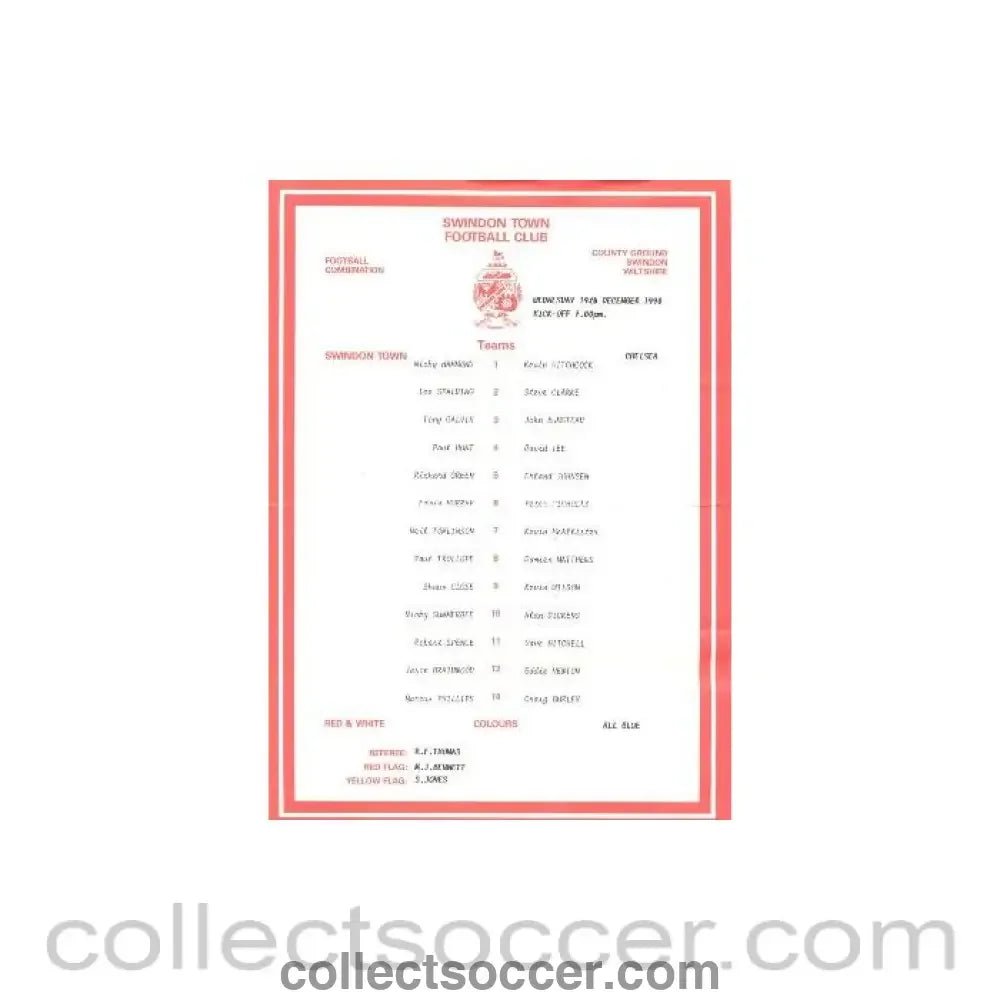 1990 - Swindon Town v Chelsea official teamsheet 19/12/1990 - Collect Soccer