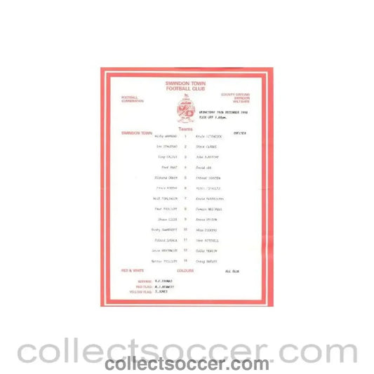 1990 - Swindon Town v Chelsea official teamsheet 19/12/1990 - Collect Soccer
